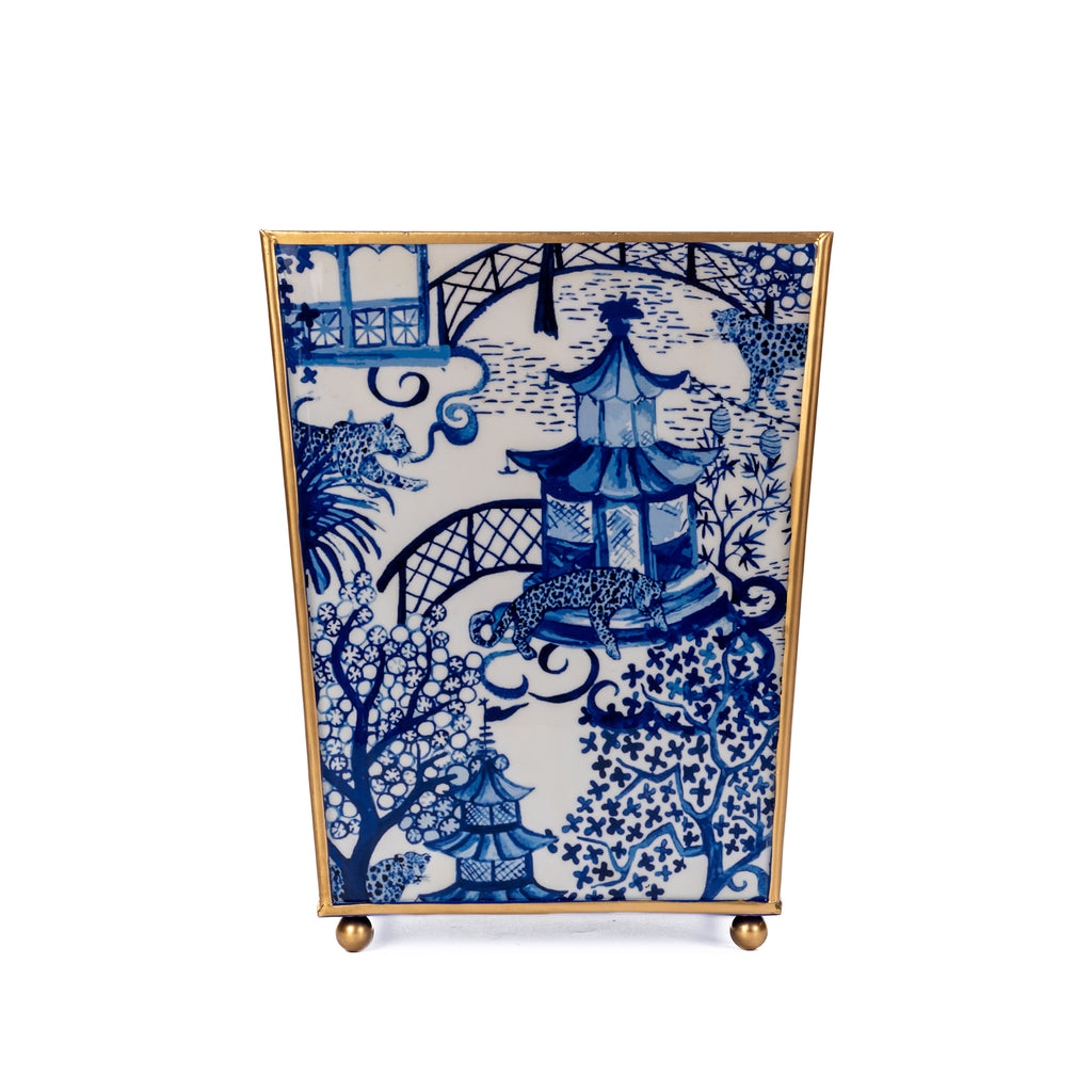 Garden Party White & Blue Enameled Square Wastebasket