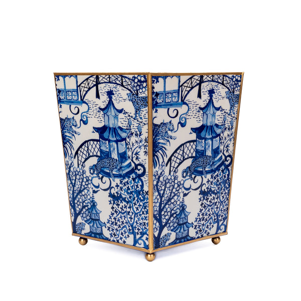 Garden Party White & Blue Enameled Square Wastebasket