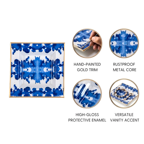 Ink Blot Enameled Tori Trinket Tray - White & Blue