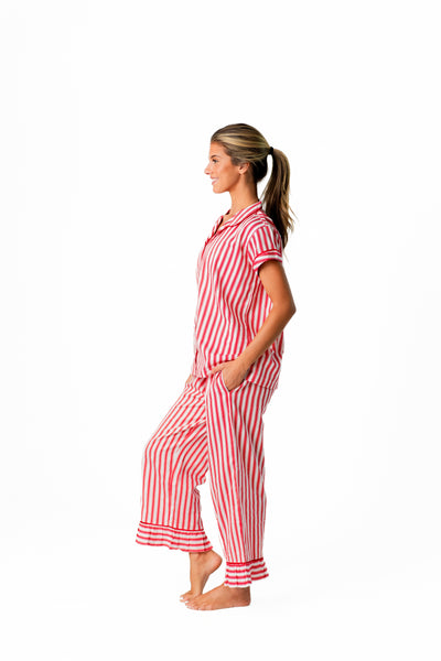 Ticking Stripe Luxe Sateen Capri Pajama Set - Red
