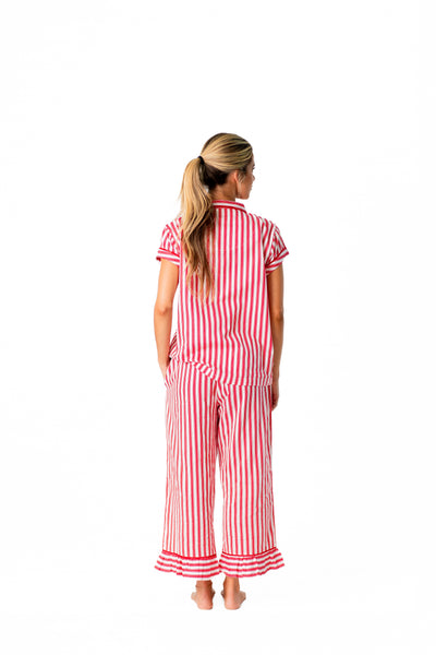 Ticking Stripe Luxe Sateen Capri Pajama Set - Red