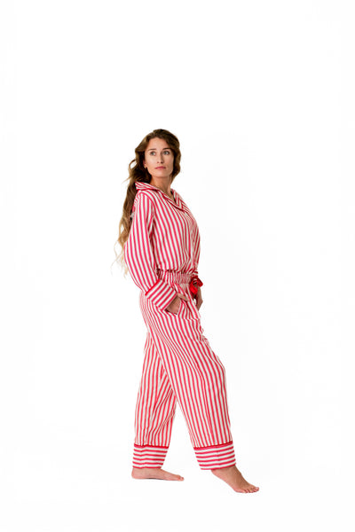 Ticking Stripe Luxe Sateen Full Pajama Set - Red