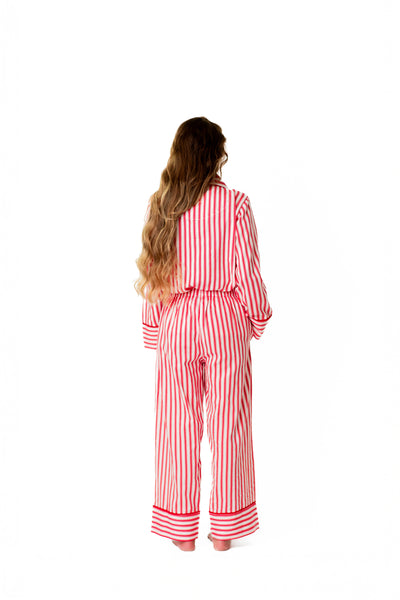 Ticking Stripe Luxe Sateen Full Pajama Set - Red