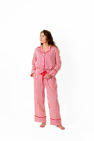 Ticking Stripe Luxe Sateen Full Pajama Set - Red