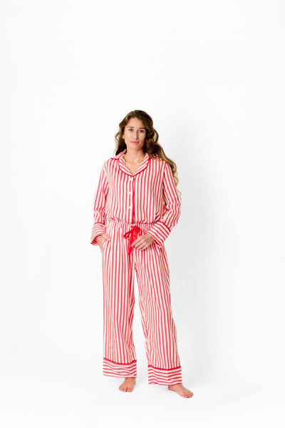 Ticking Stripe Luxe Sateen Full Pajama Set - Red