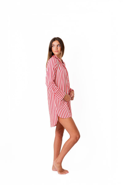 Ticking Stripe Luxe Sateen Sleep Shirt - Red