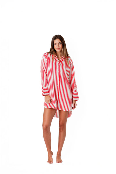 Ticking Stripe Luxe Sateen Sleep Shirt - Red
