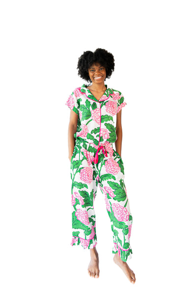 Ophelia Luxe Sateen Capri Pajama Set - Pink & Green
