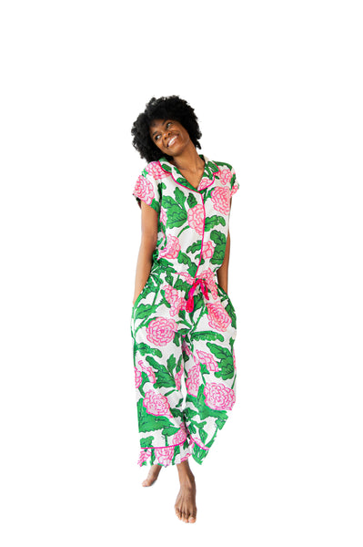 Ophelia Luxe Sateen Capri Pajama Set - Pink & Green