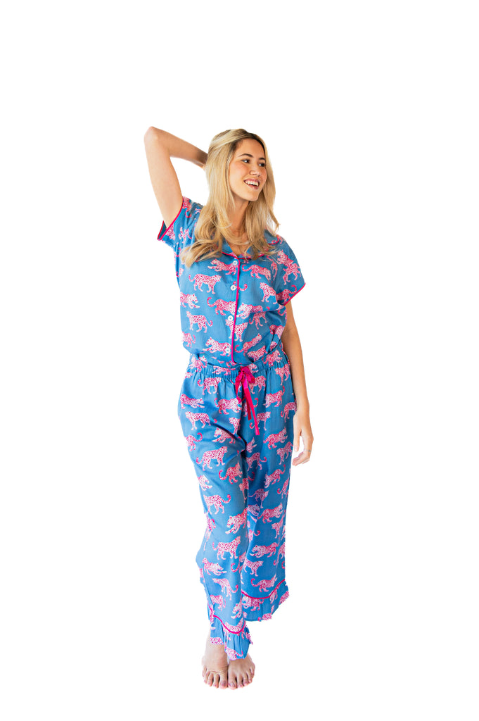 Pink Leopards Luxe Sateen Capri Pajama Set - Blue & Pink