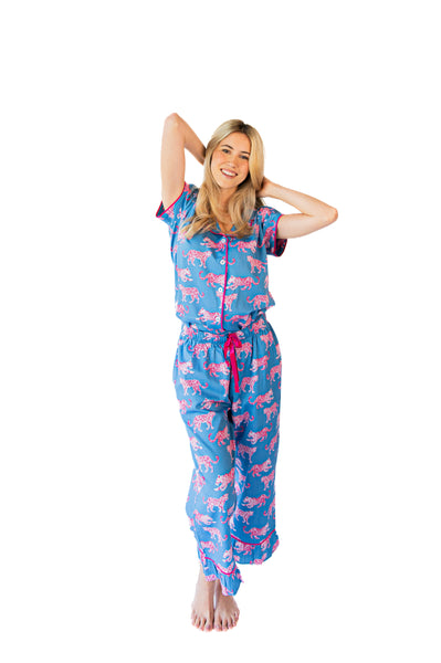 Pink Leopards Luxe Sateen Capri Pajama Set - Blue & Pink