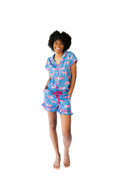 Pink Leopards Luxe Ruffled Pajama Summer Set - Blue & Pink