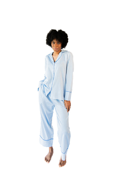 Ticking Stripe Luxe Sateen Full Pajama Set - Blue