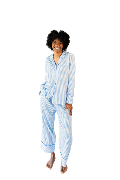 Ticking Stripe Luxe Sateen Full Pajama Set - Blue