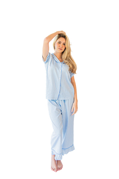 Ticking Stripe Luxe Sateen Capri Pajama Set - Blue