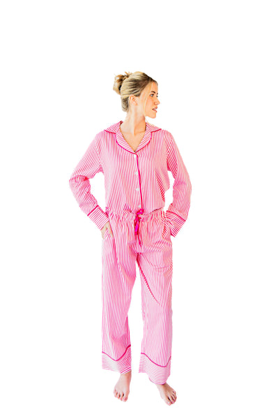 Ticking Stripe Luxe Sateen Full Pajama Set - Pink