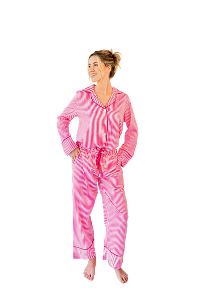 Ticking Stripe Luxe Sateen Full Pajama Set - Pink