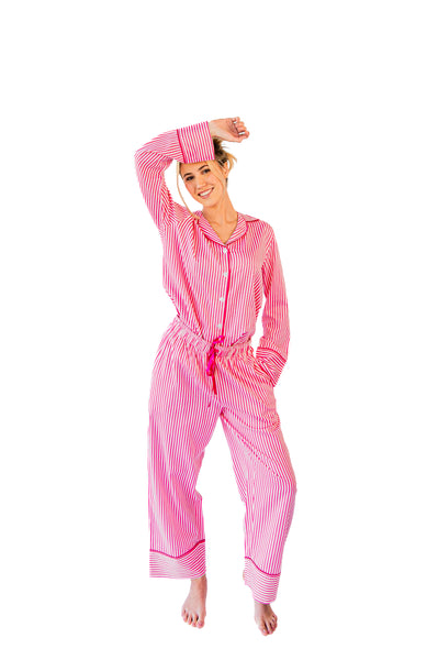 Ticking Stripe Luxe Sateen Full Pajama Set - Pink