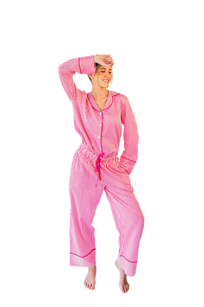 Ticking Stripe Luxe Sateen Full Pajama Set - Pink