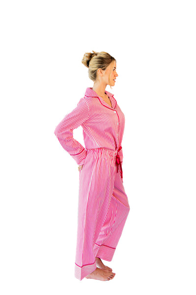 Ticking Stripe Luxe Sateen Full Pajama Set - Pink