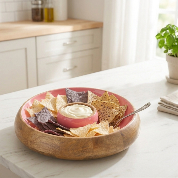 Gracie Chip & Dip Set - Mango Wood & Pink Enamel