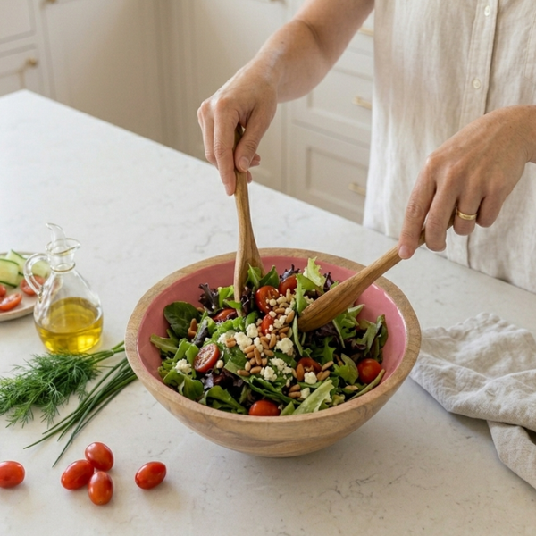 Gracie Salad Bowl - Mango Wood & Pink Enamel