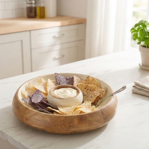 Gracie Chip & Dip Set - Mango Wood & White Enamel