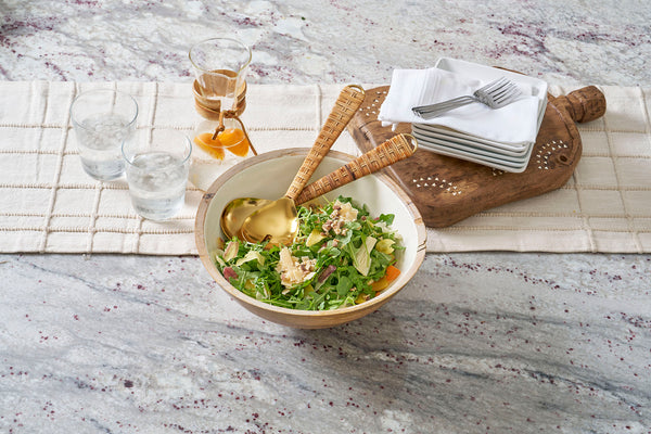 Gracie Salad Bowl - Mango Wood & White Enamel