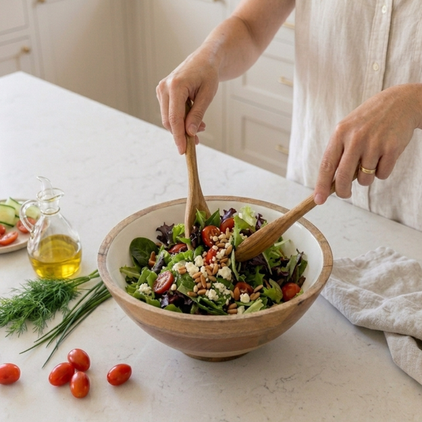 Gracie Salad Bowl - Mango Wood & White Enamel