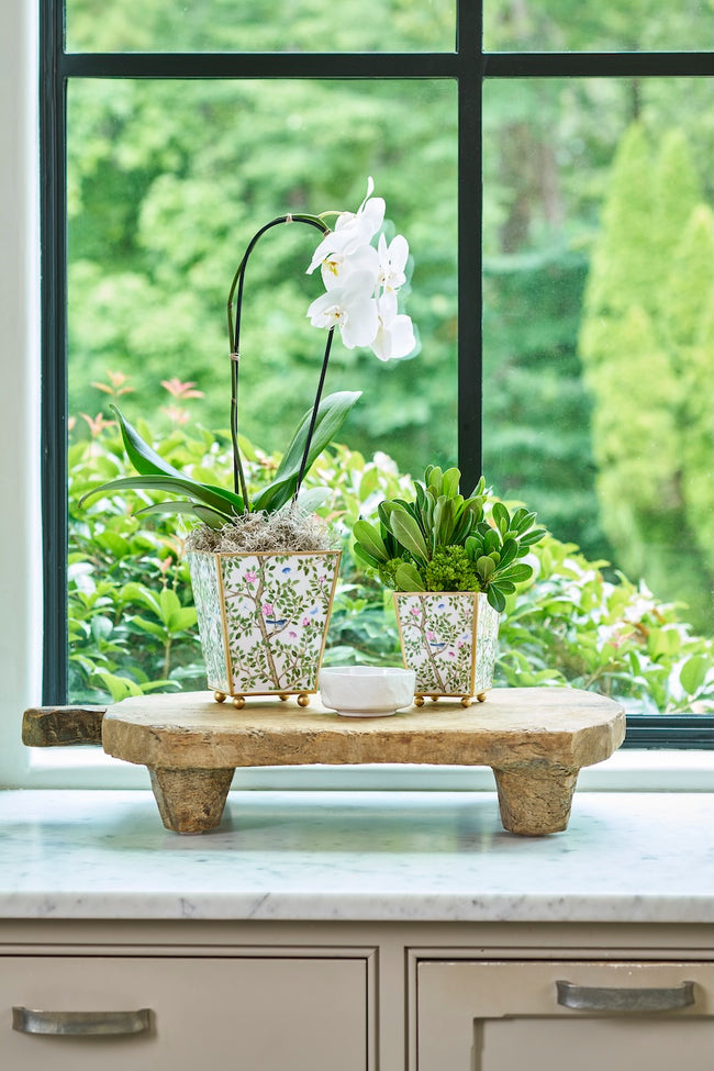 Elsie's Garden Enameled Square Cachepot Planter - Blue & Pink