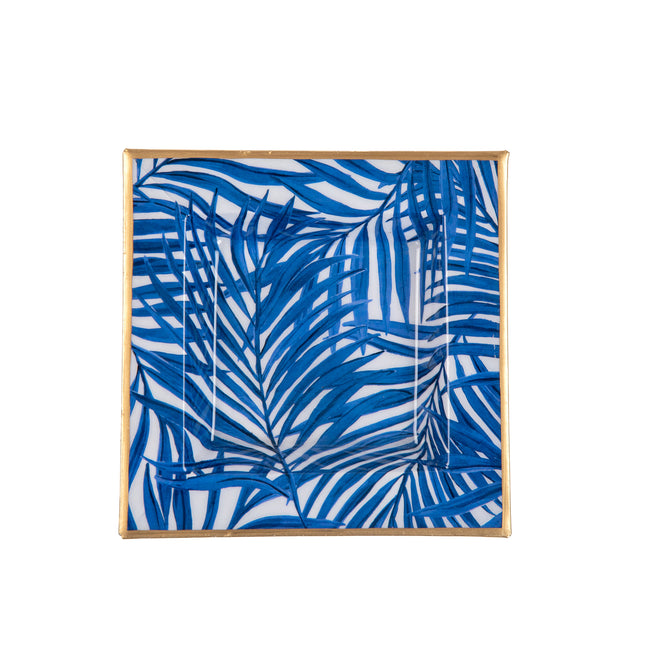 Palm Enameled Tori Trinket Tray - White & Blue