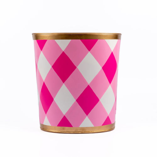 Buffalo Plaid Hand Painted Oval Wastebasket White & Pink