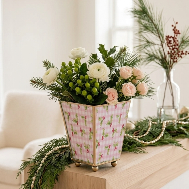 Holly Berry Enameled Square Cachepot Planter