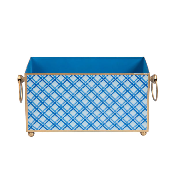 Preppy Plaid Enameled Rectangular Cachepot Planter 6x12 - Light Blue