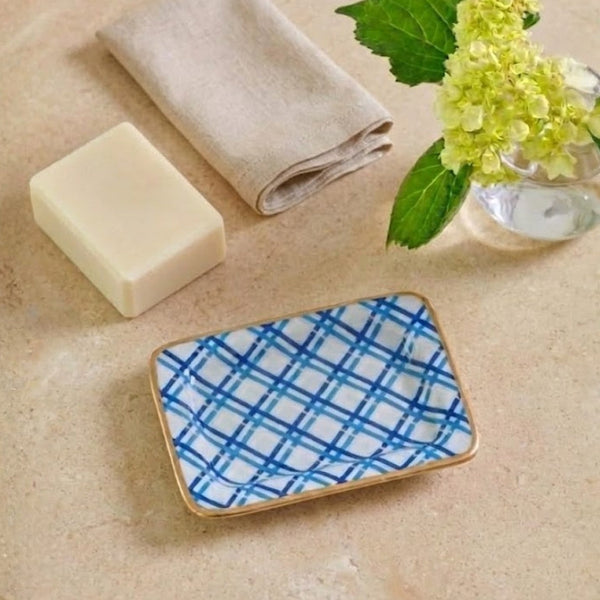 Preppy Plaid Enameled Laney Tray - Light Blue