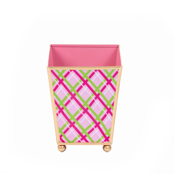 Preppy Plaid Enameled Square Cachepot Planter - Pink