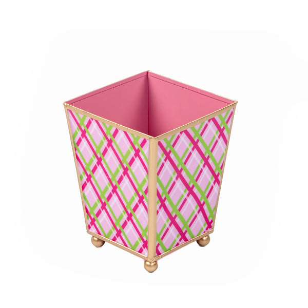Preppy Plaid Enameled Square Cachepot Planter - Pink