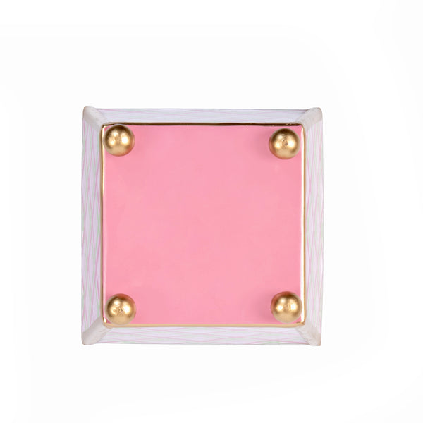 Preppy Plaid Enameled Square Cachepot Planter - Pink