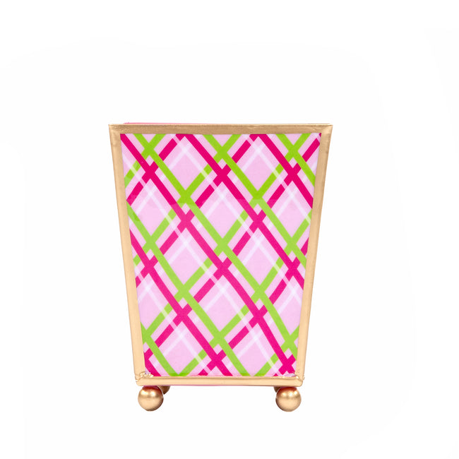 Preppy Plaid Enameled Square Cachepot Planter - Pink