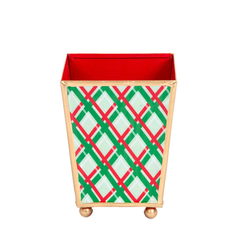 Preppy Plaid Enameled Square Cachepot Planter - Red