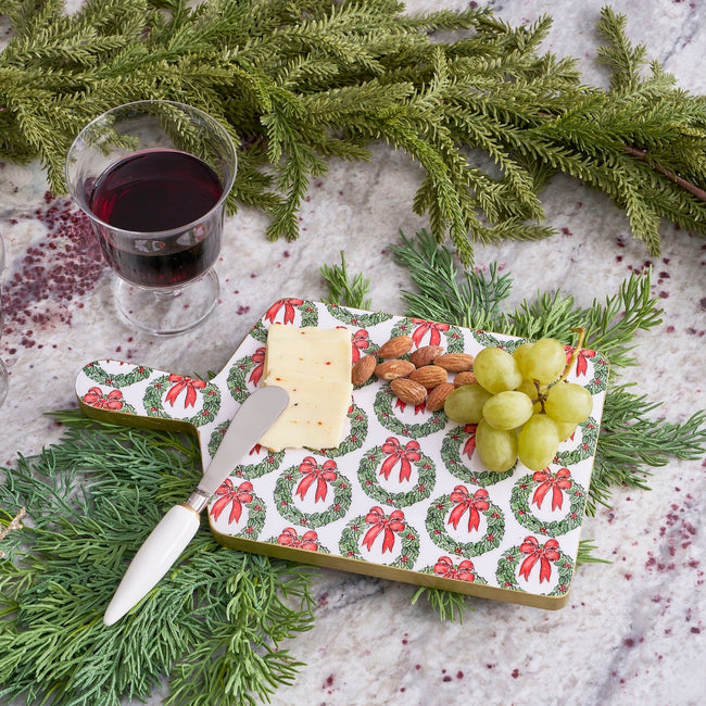 Holly Wreath Bow Enameled Rectangular Charcuterie Board 6x10