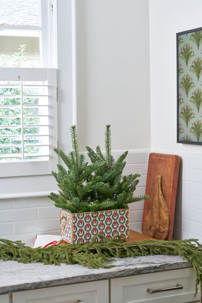 Holly Wreath Bow Enameled Rectangular Cachepot Planter 6x12