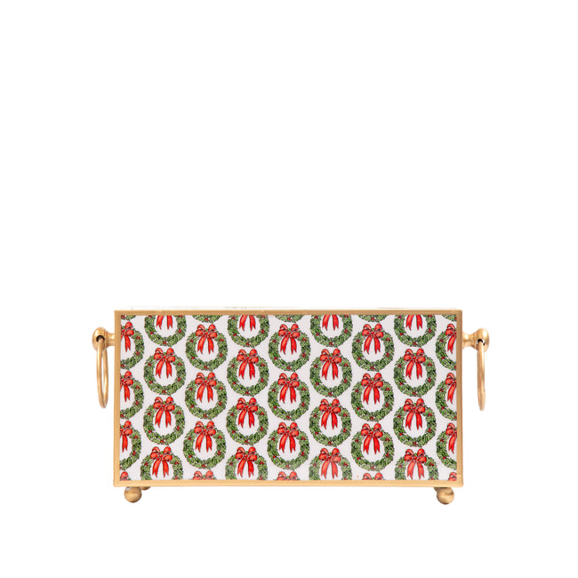 Holly Wreath Bow Enameled Rectangular Cachepot Planter 6x12