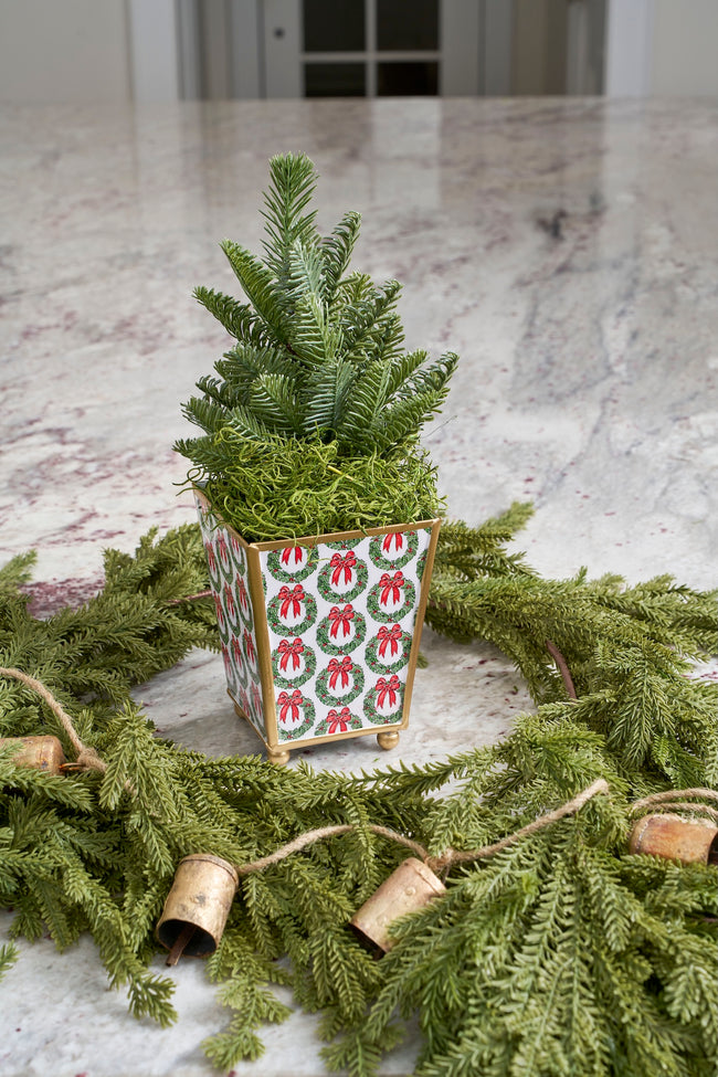 Holly Wreath Bow Enameled Square Cachepot Planter
