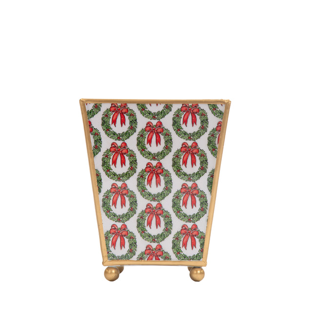 Holly Wreath Bow Enameled Square Cachepot Planter