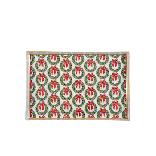 Holly Wreath Bow Enameled Oliver Tray 8x12