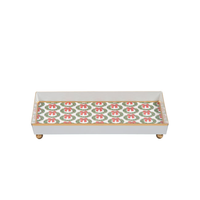 Holly Wreath Bow Enameled Oliver Tray 8x12