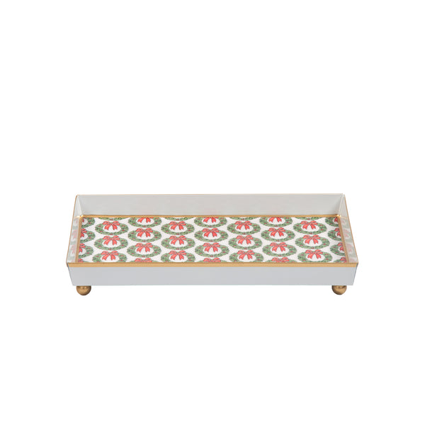 Holly Wreath Bow Enameled Oliver Tray 8x12