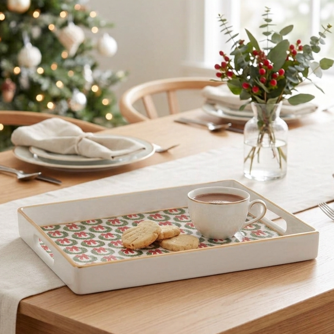 Holly Wreath Bow Enameled Rectangular Tray 10x15