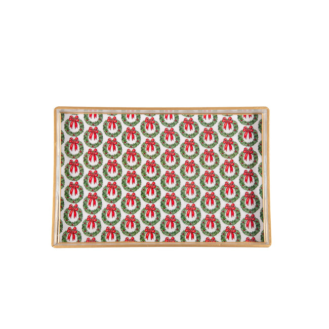 Holly Wreath Bow Enameled Rectangular Tray 10x15